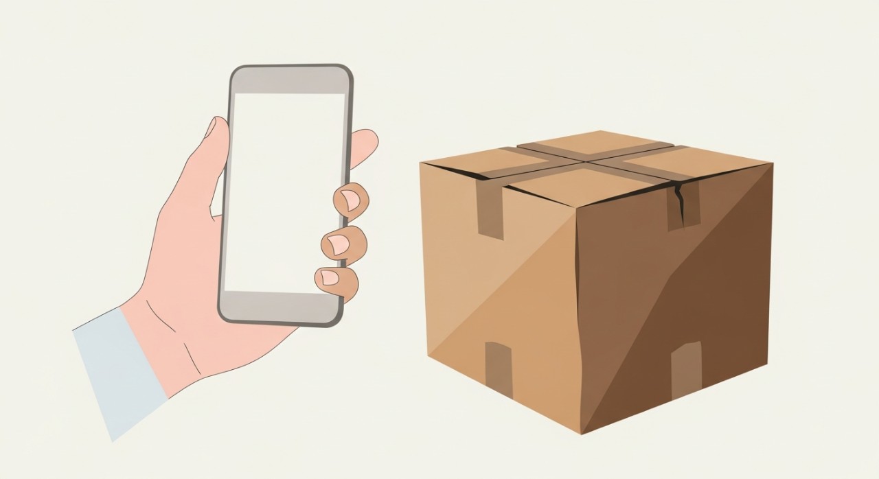 Tangan sedang memegang telefon pintar untuk mengambil gambar sebuah kotak penghantaran yang rosak.