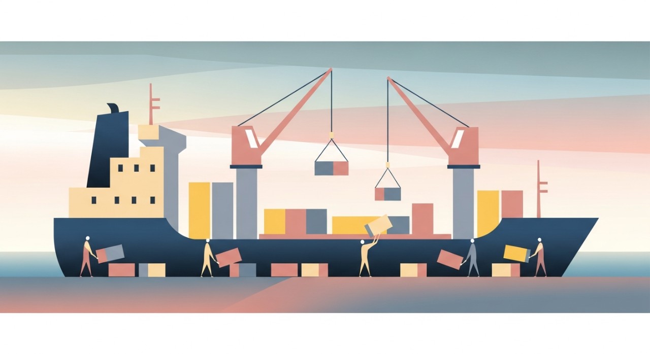 Pekerja pelabuhan sedang memunggah kotak dan barang dari sebuah kapal kargo di dermaga.