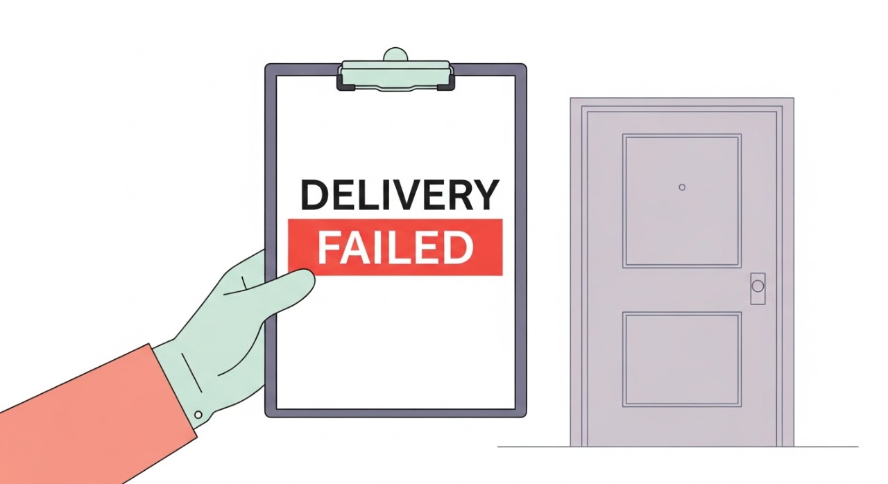 Tangan kurier memegang slip penghantaran yang ditanda 'Gagal' di sebelah pintu tertutup.