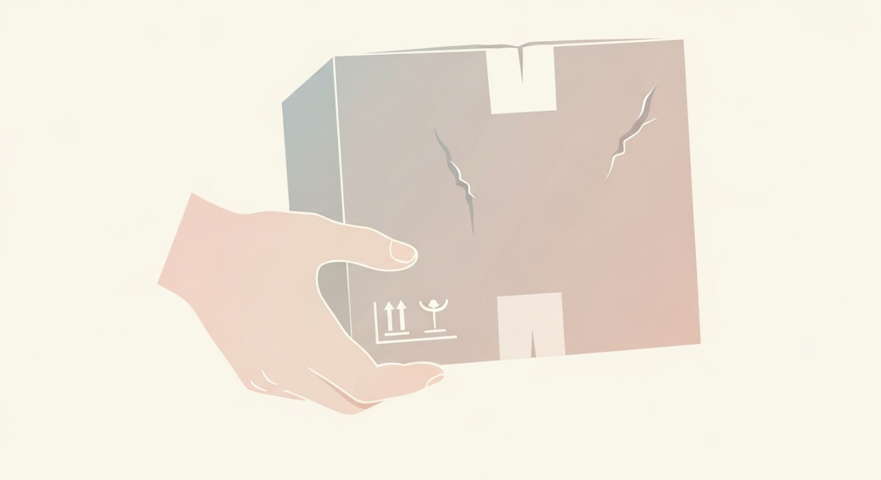 Tangan penerima memegang bungkusan yang telah kemek dan koyak sedikit.