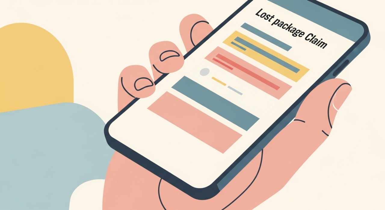 Tangan sedang memegang telefon pintar untuk mengisi borang tuntutan atau laporan bungkusan yang hilang.