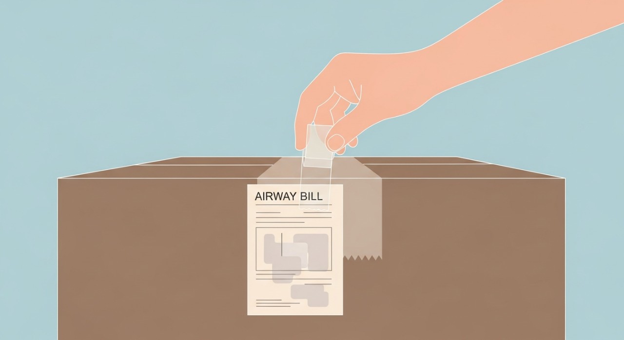 Tangan sedang melekatkan Airway Bill yang dicetak pada bungkusan kadbod menggunakan pita pelekat.