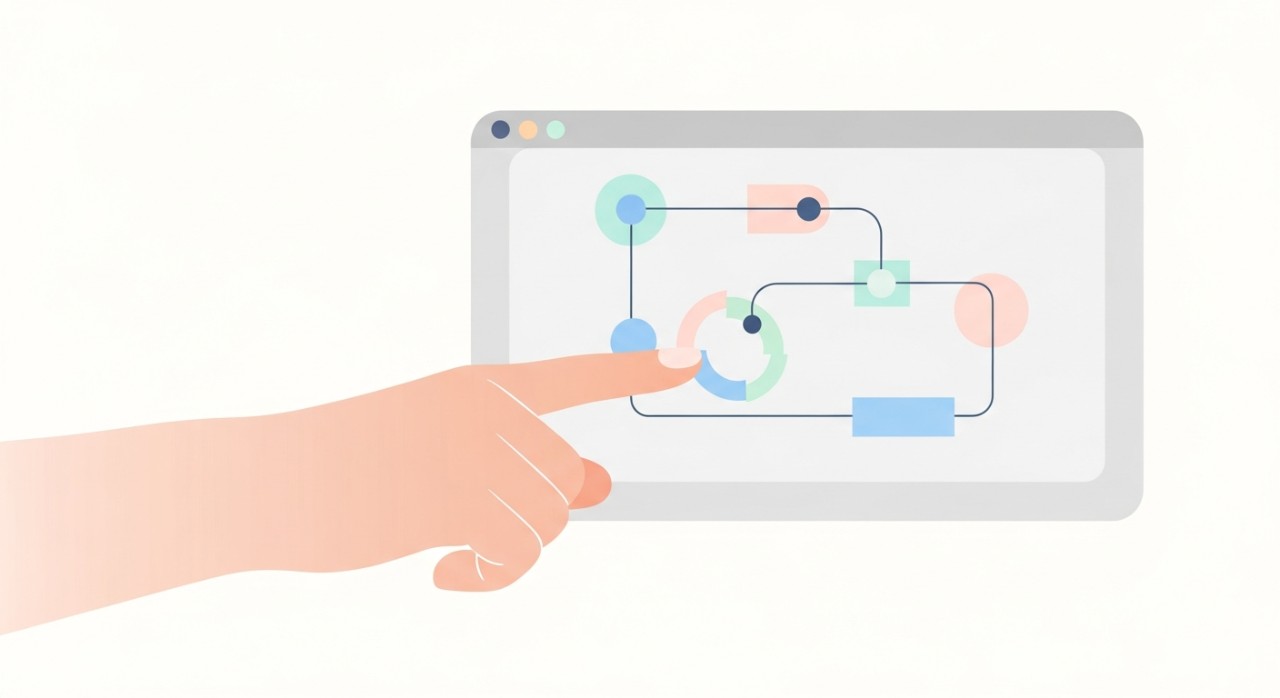 Tangan seseorang sedang menunjuk kepada carta aliran kerja penghantaran pada skrin komputer.