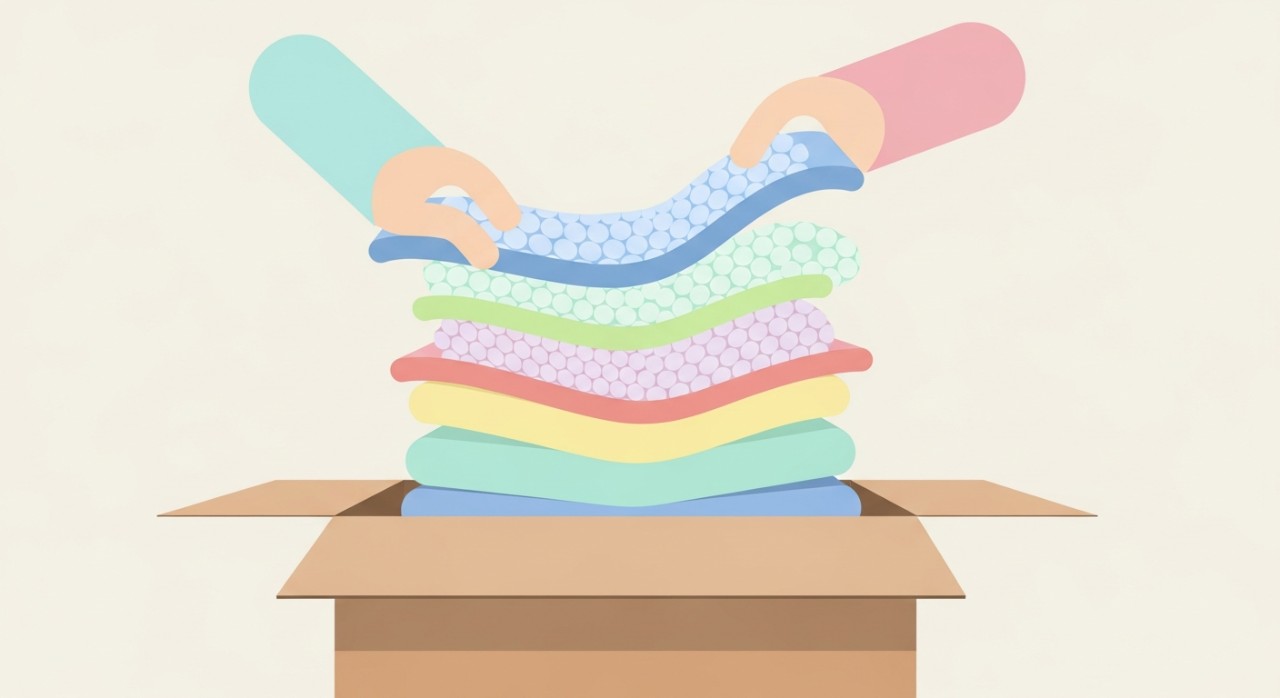 Tangan sedang meletakkan lapisan bubble wrap dan bahan kusyen di dalam kotak bungkusan sebelum ditutup.