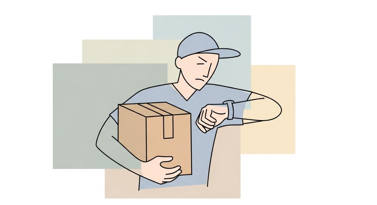 Seorang kurier sedang memegang bungkusan, memeriksa jam tangannya dengan ekspresi tergesa-gesa.