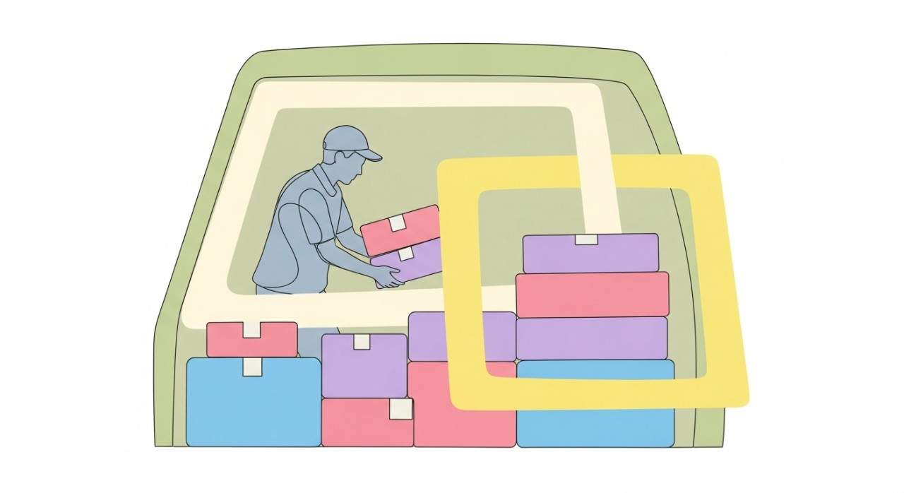 Seorang kurier sedang mengatur banyak bungkusan di dalam van penghantaran.