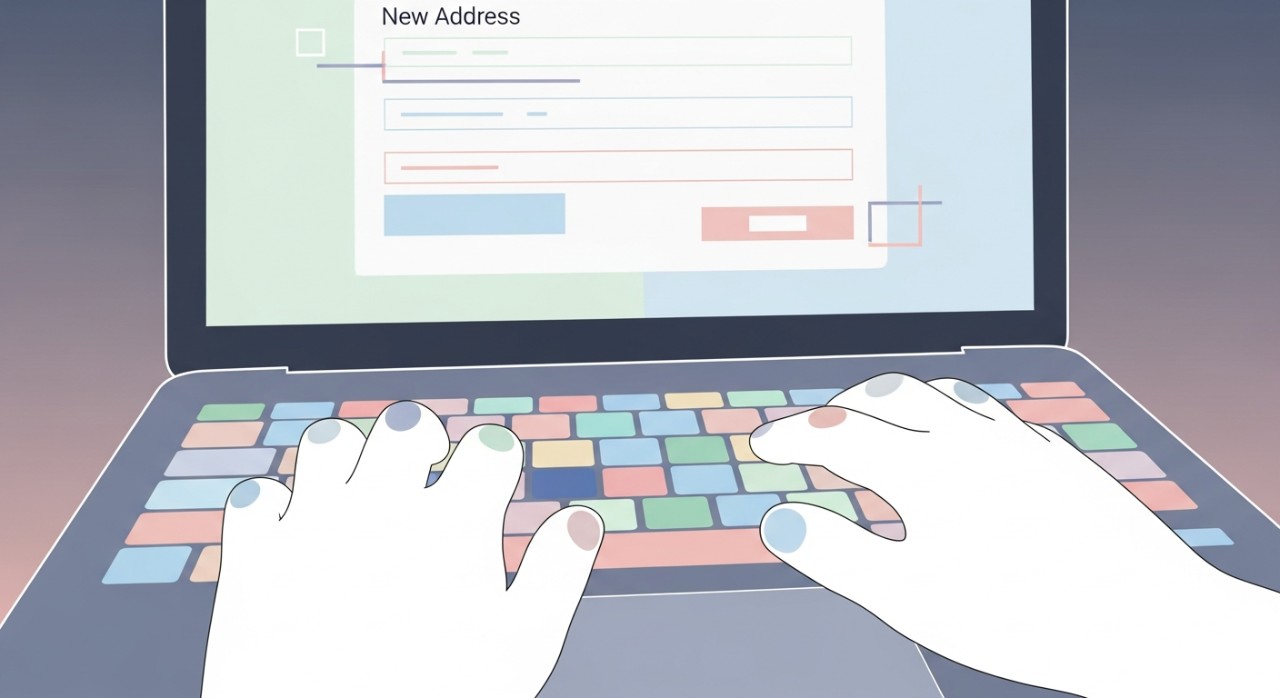 Tangan sedang menaip maklumat alamat baharu pada papan kekunci komputer riba.