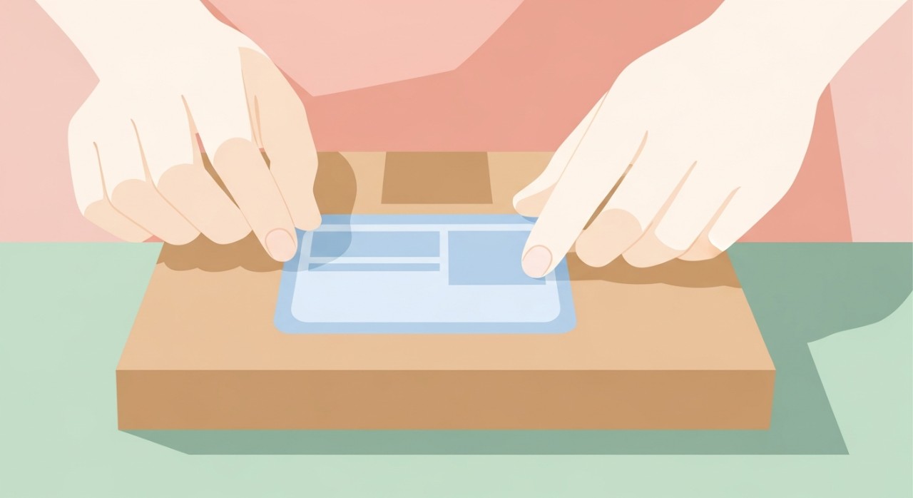 Tangan sedang menampal label penghantaran pada kotak bungkusan yang sudah siap.