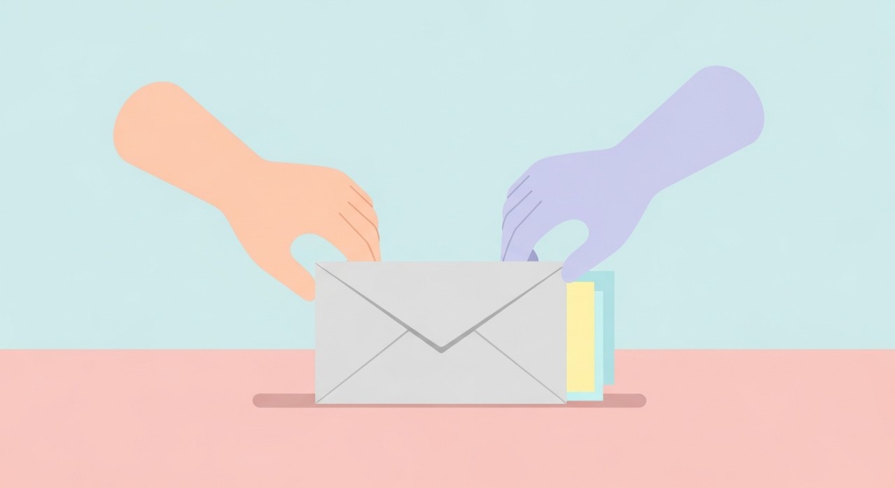 Tangan sedang menyegel sampul surat yang berisi dokumen penting.