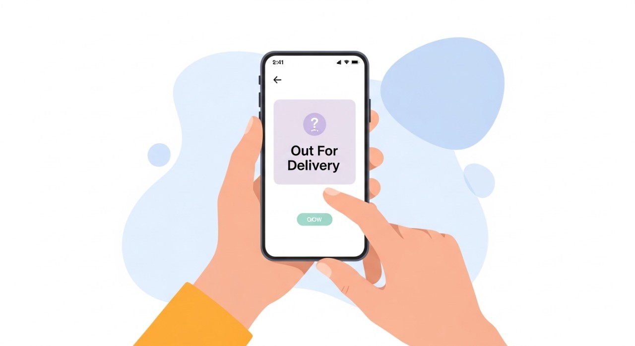 Tangan sedang memegang telefon pintar untuk menyemak status penghantaran.