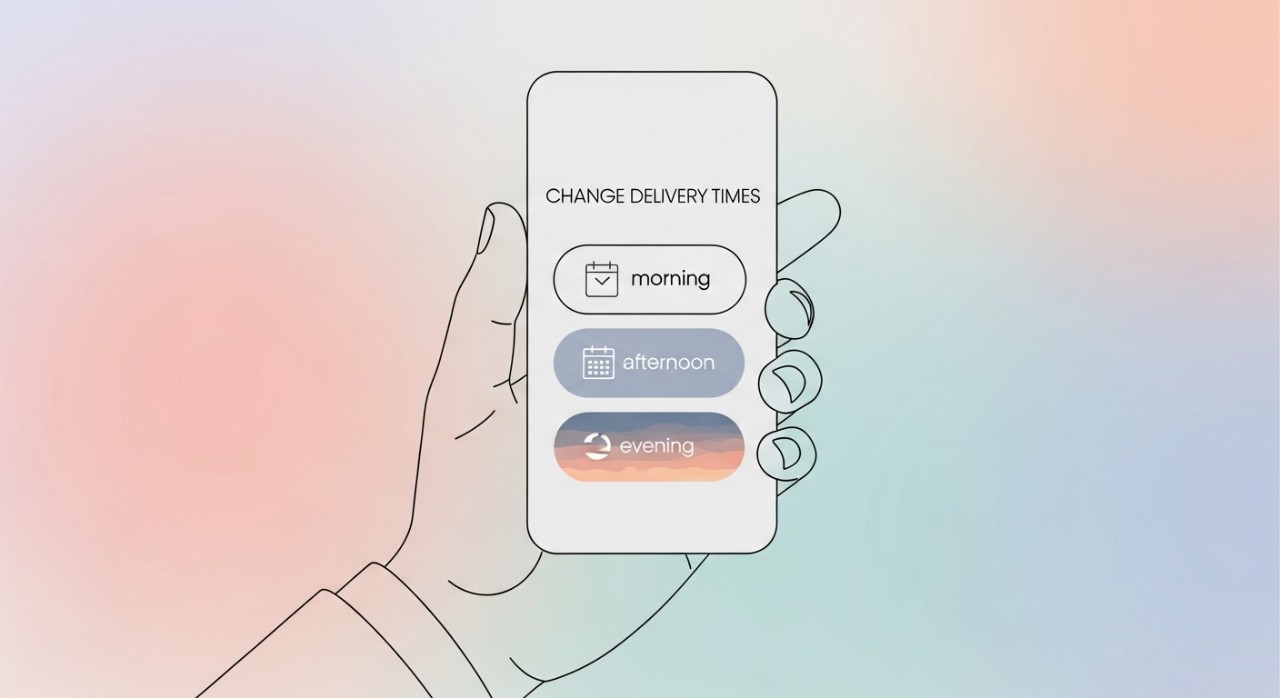 Tangan memegang ponsel menunjukkan opsi untuk mengubah waktu pengiriman sebuah paket.