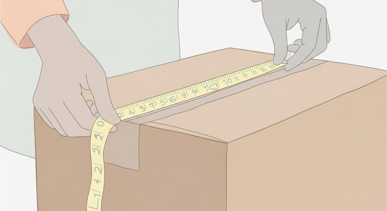 Sepasang tangan sedang mengukur dimensi sebuah kotak besar menggunakan pita pengukur.