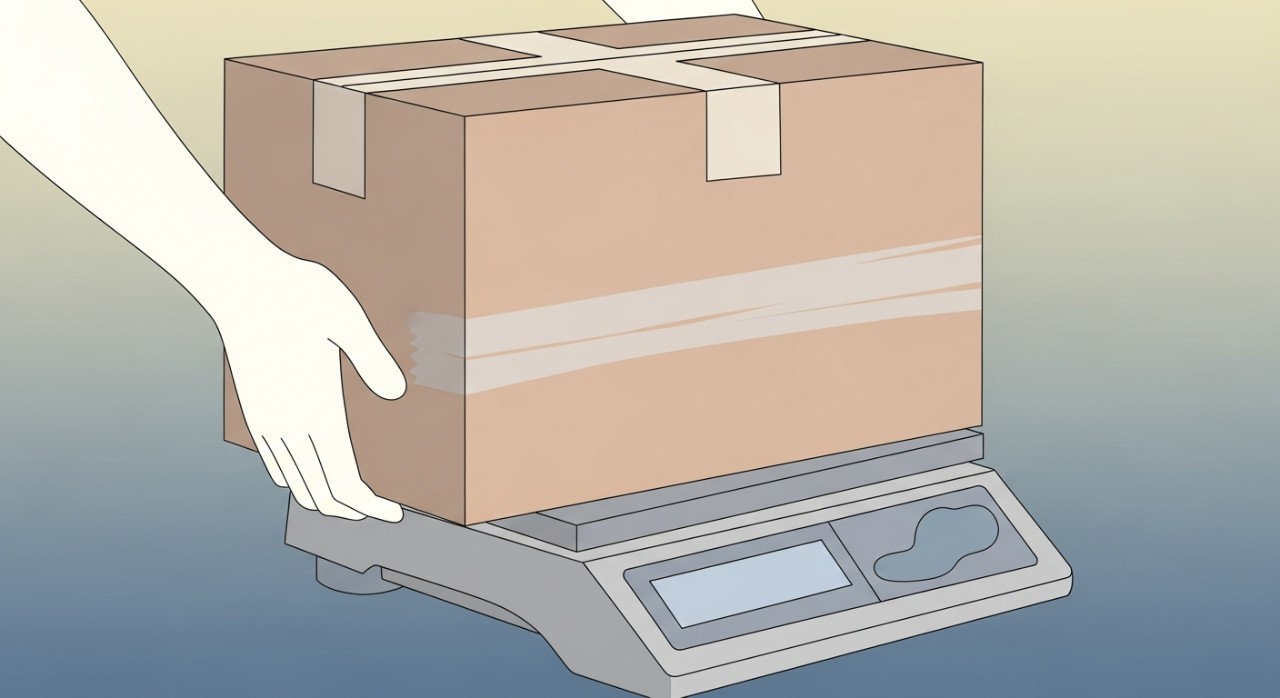 Tangan seseorang sedang meletakkan kotak besar di atas penimbang untuk mendapatkan berat yang tepat.