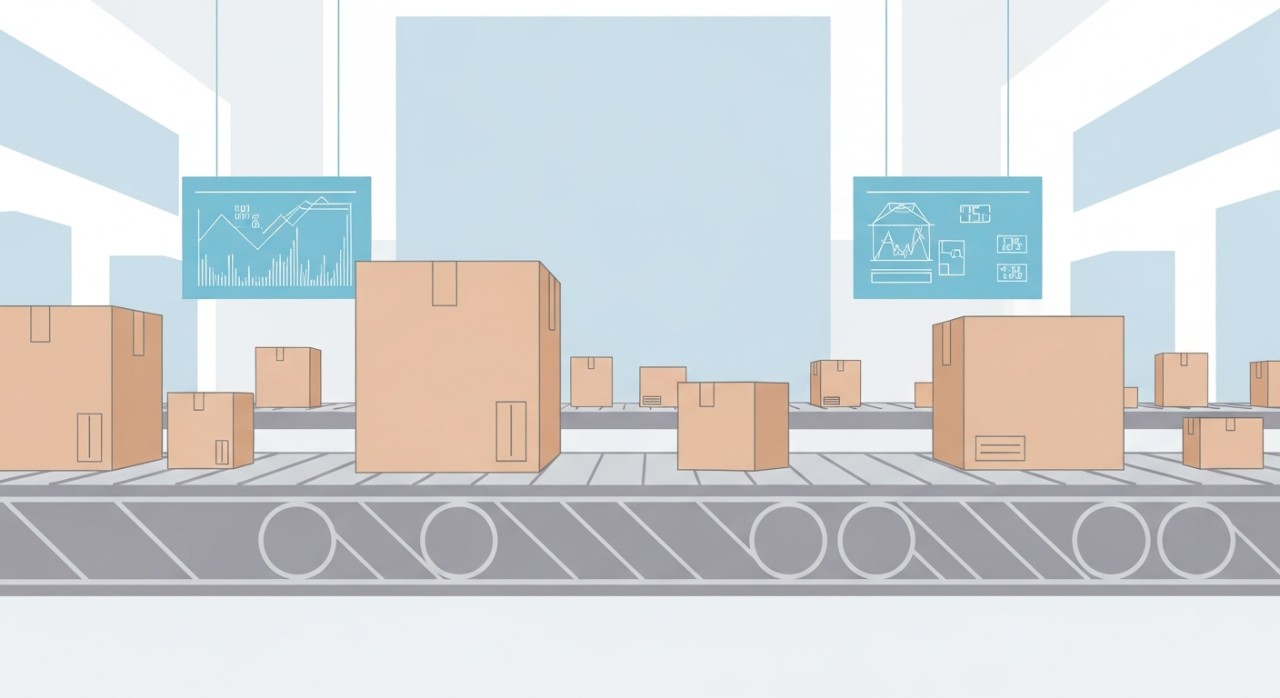 Sekumpulan bungkusan pelbagai saiz sedang bergerak di atas tali sawat di gudang logistik.