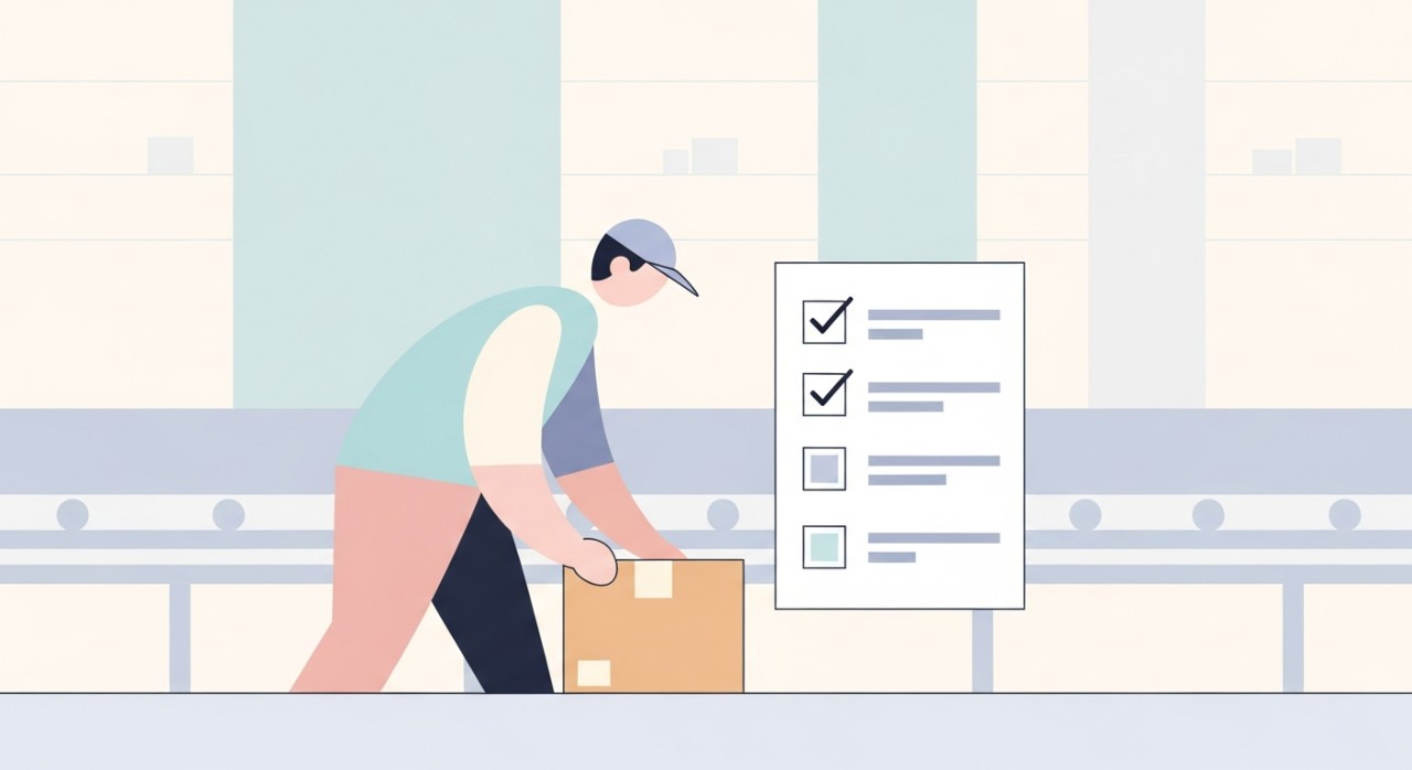 Seorang kakitangan kurier sedang memeriksa bungkusan di pusat pengisihan barang.