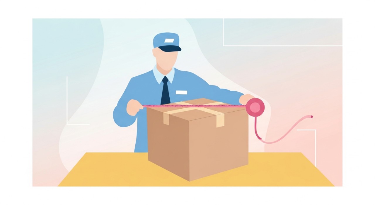 Seorang pekerja pos sedang mengukur panjang dan lebar sebuah kotak bungkusan besar menggunakan pita pengukur.