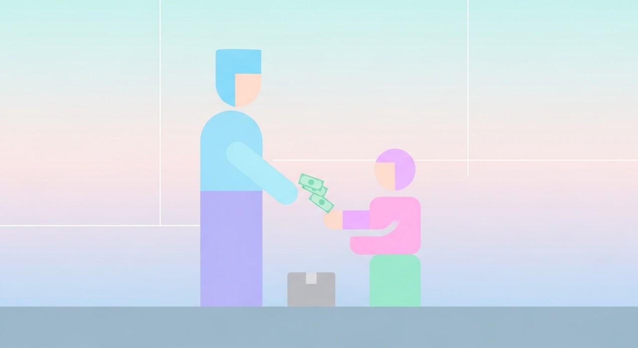 Seorang pelanggan sedang membayar wang tunai kepada kurier selepas menerima bungkusan.