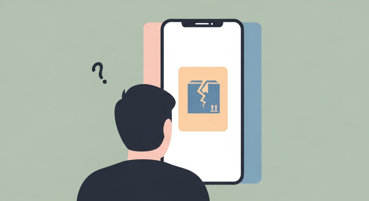 Seorang pelanggan melihat skrin telefon bimbit dengan riak wajah keliru selepas menerima notifikasi status bungkusan bermasalah.