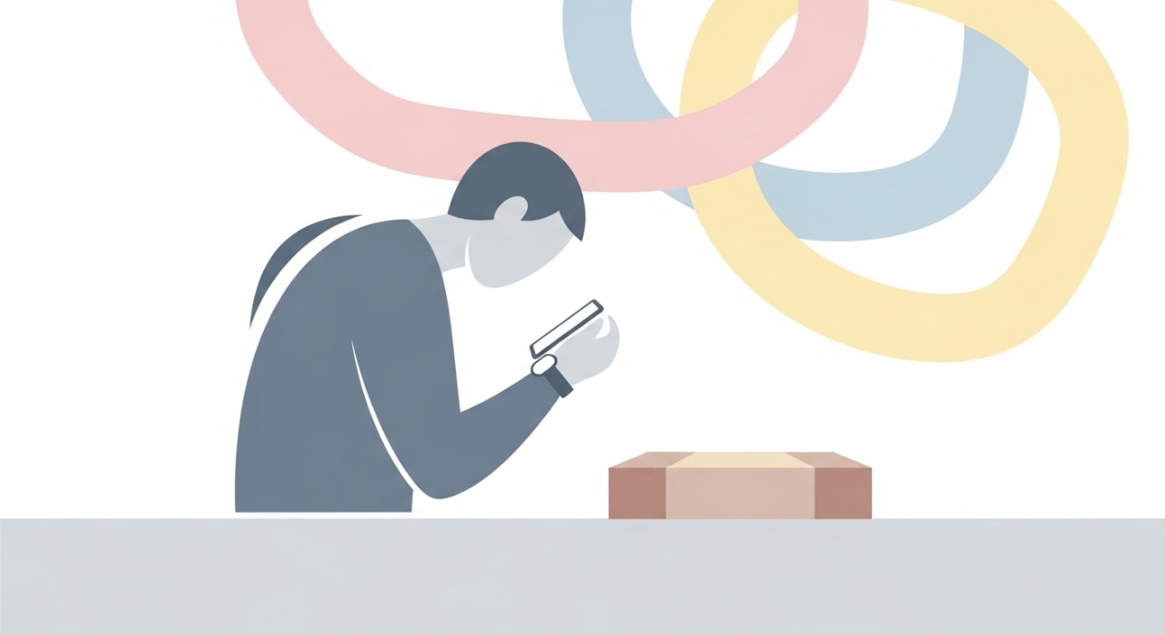 Seorang pelanggan sedang melihat jam tangan atau telefon bimbit untuk memastikan waktu akhir penghantaran.