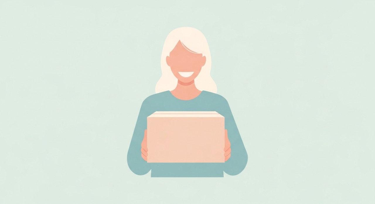 Seorang pelanggan wanita tersenyum sambil memegang bungkusan yang baru diterima.