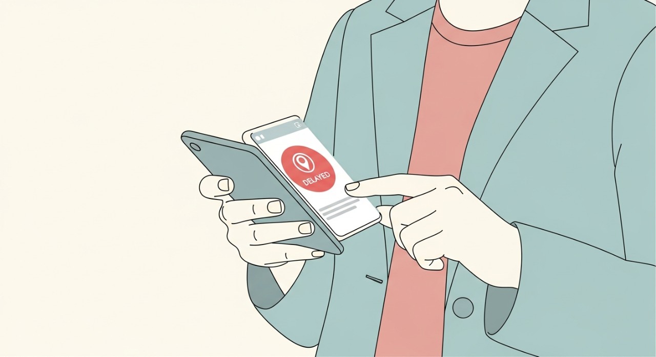 Seorang pelanggan melihat skrin telefon bimbit memaparkan status bungkusan yang tertangguh atau belum bergerak.