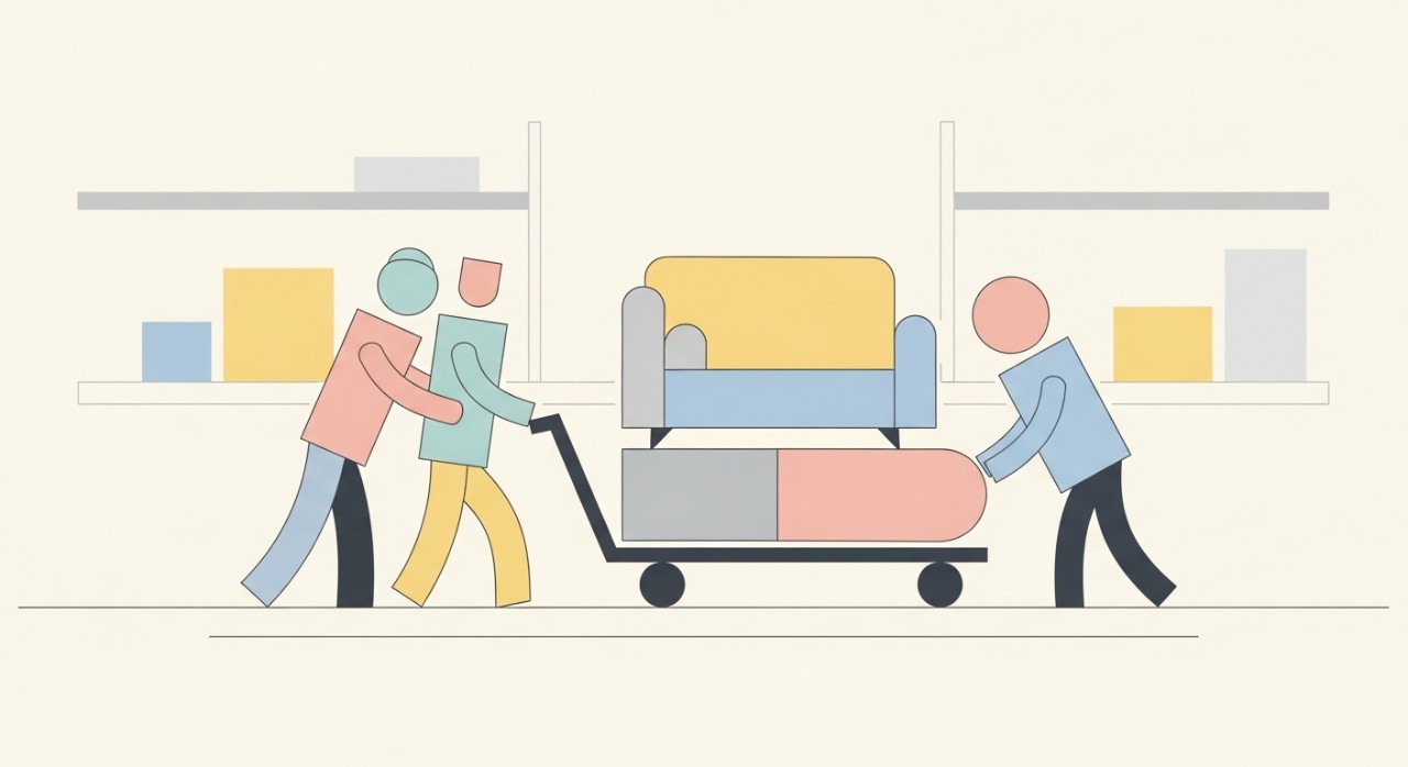 Pekerja logistik sedang memindahkan perabot besar menggunakan troli di gudang.