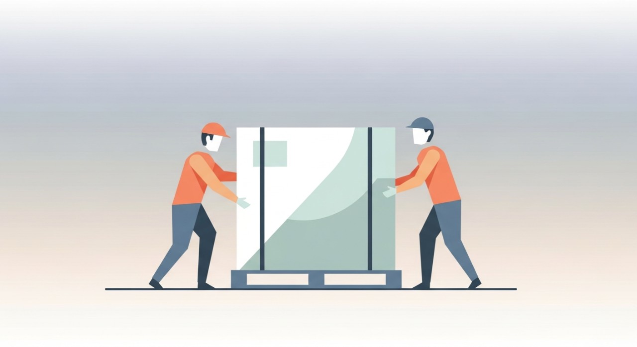 Pekerja logistik sedang mengikat barang besar di atas palet untuk penghantaran selamat.