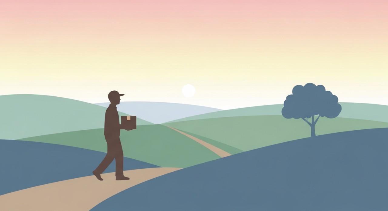 Seorang penghantar sedang menghantar bungkusan di kawasan pedalaman yang jauh.