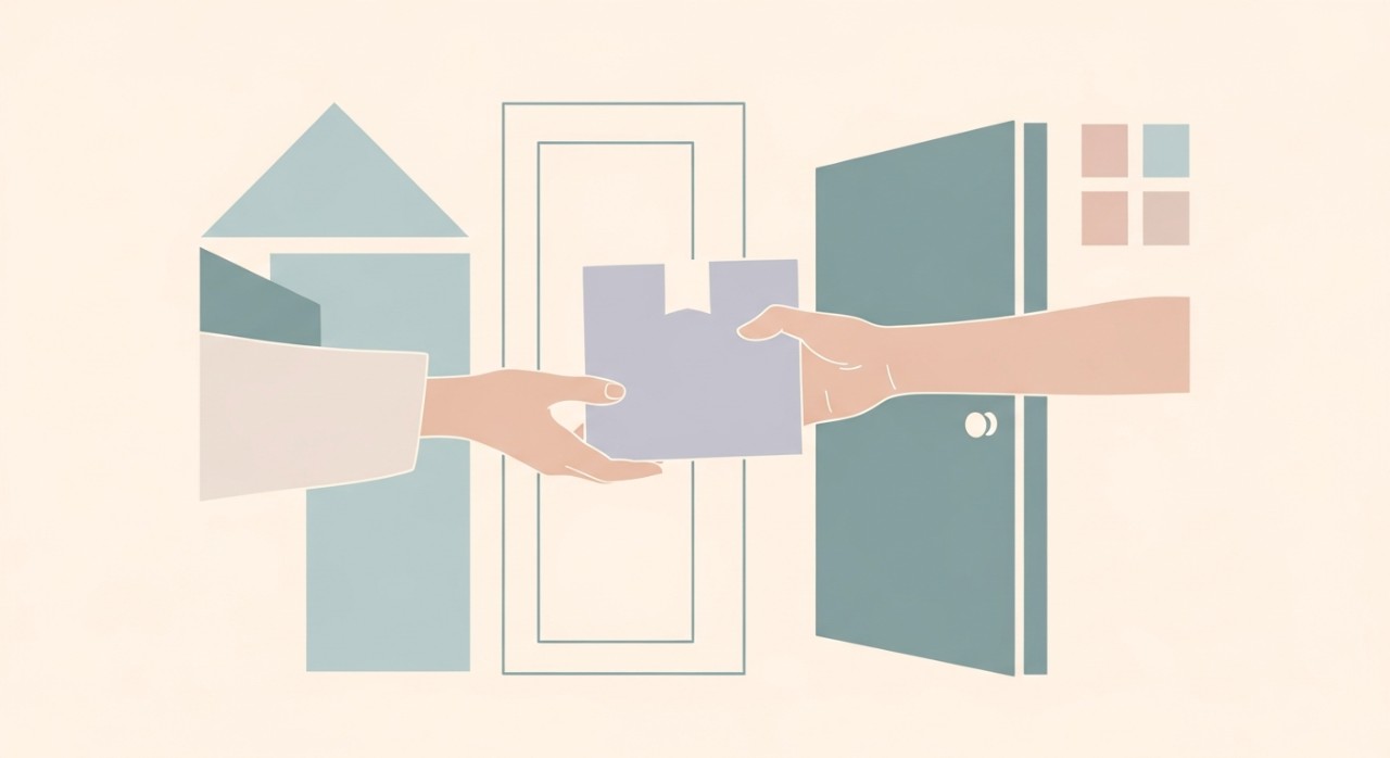 Tangan seseorang menerima bungkusan daripada kurier di hadapan pintu rumah.