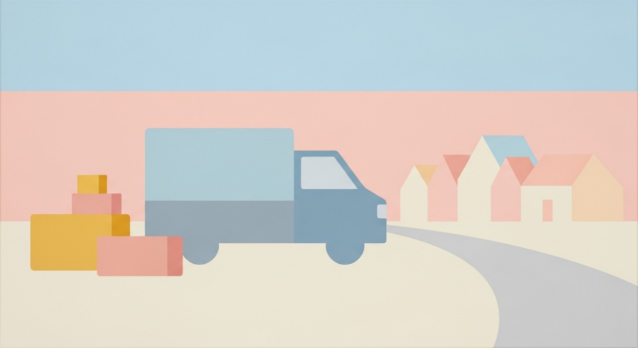 Sebuah van kurier sedang menghantar bungkusan di kawasan perumahan yang tenang.