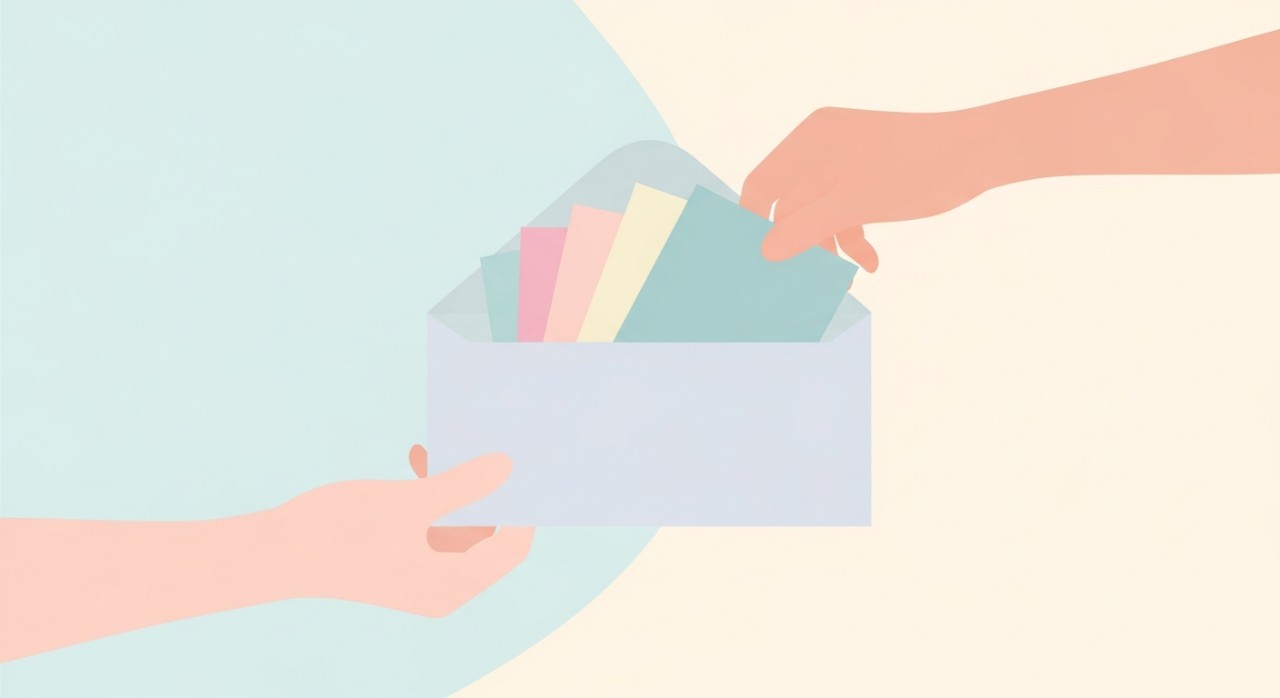 Tangan seorang kurier sedang memasukkan dokumen ke dalam sampul surat khas.