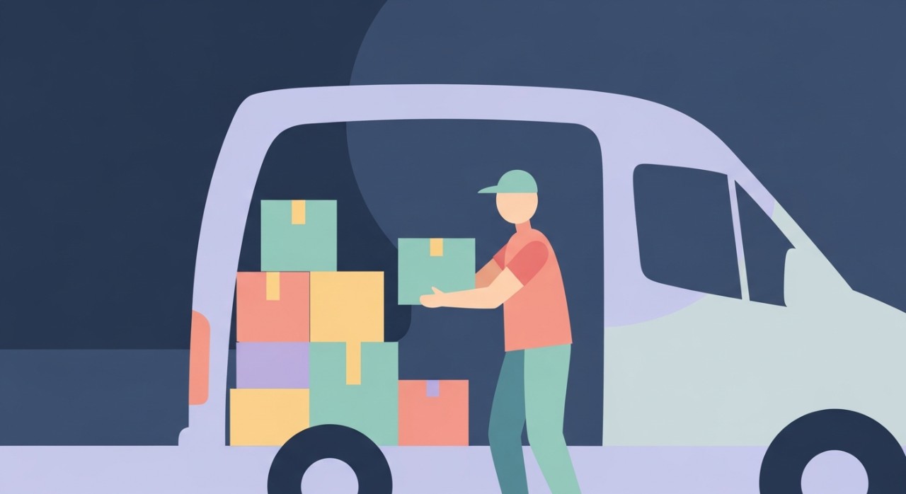 Seorang pekerja penghantaran sedang menyusun bungkusan di dalam van pada waktu malam.