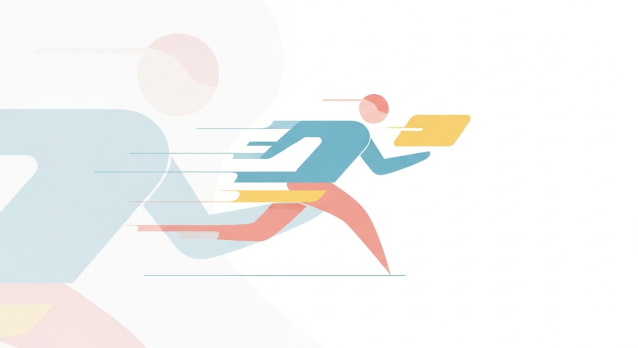 Seorang penghantar barang berlari dengan pakej di tangan, menunjukkan perkhidmatan penghantaran ekspres.