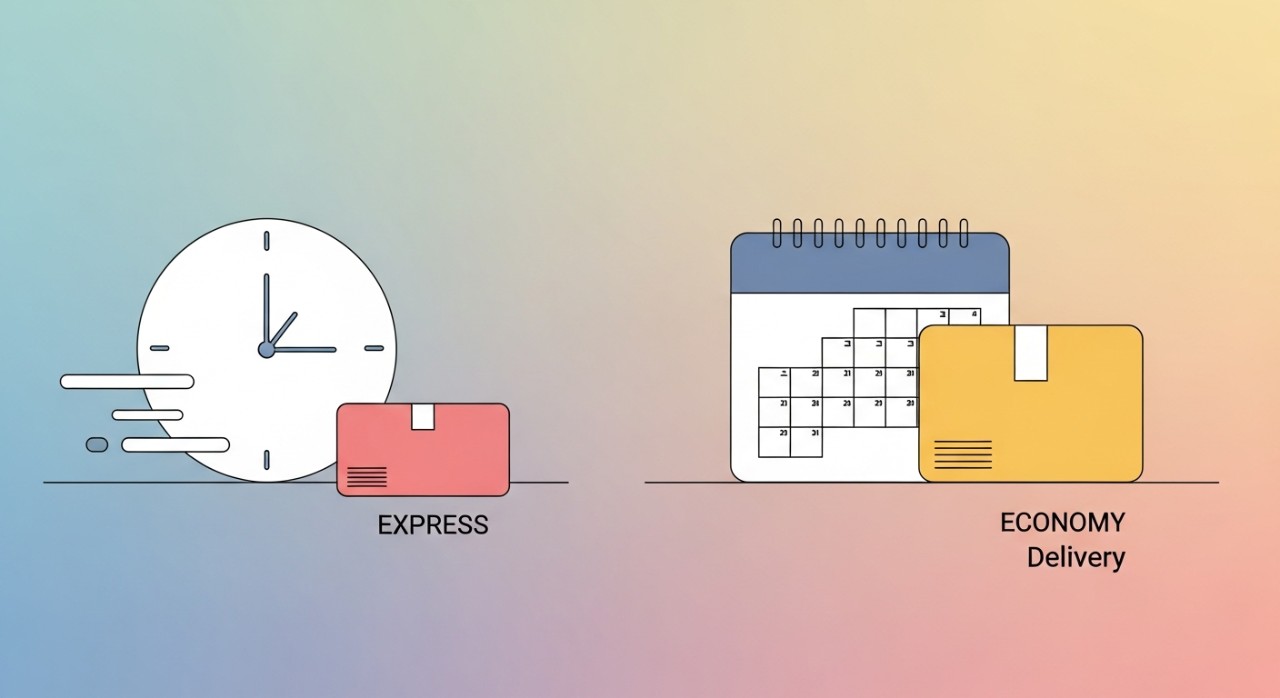 Sebuah jam dinding di sebelah bungkusan kurier ekspres dan kalendar di sebelah bungkusan kurier ekonomi.