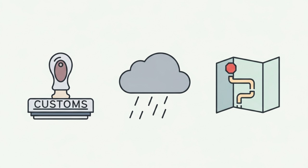 Simbol-simbol yang menunjukkan punca-punca kelewatan penghantaran seperti kastam dan cuaca buruk.