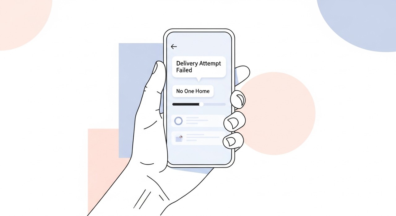 Tangan memegang telefon bimbit yang memaparkan antaramuka pengesanan bungkusan dengan status 'Percubaan Penghantaran Gagal'.