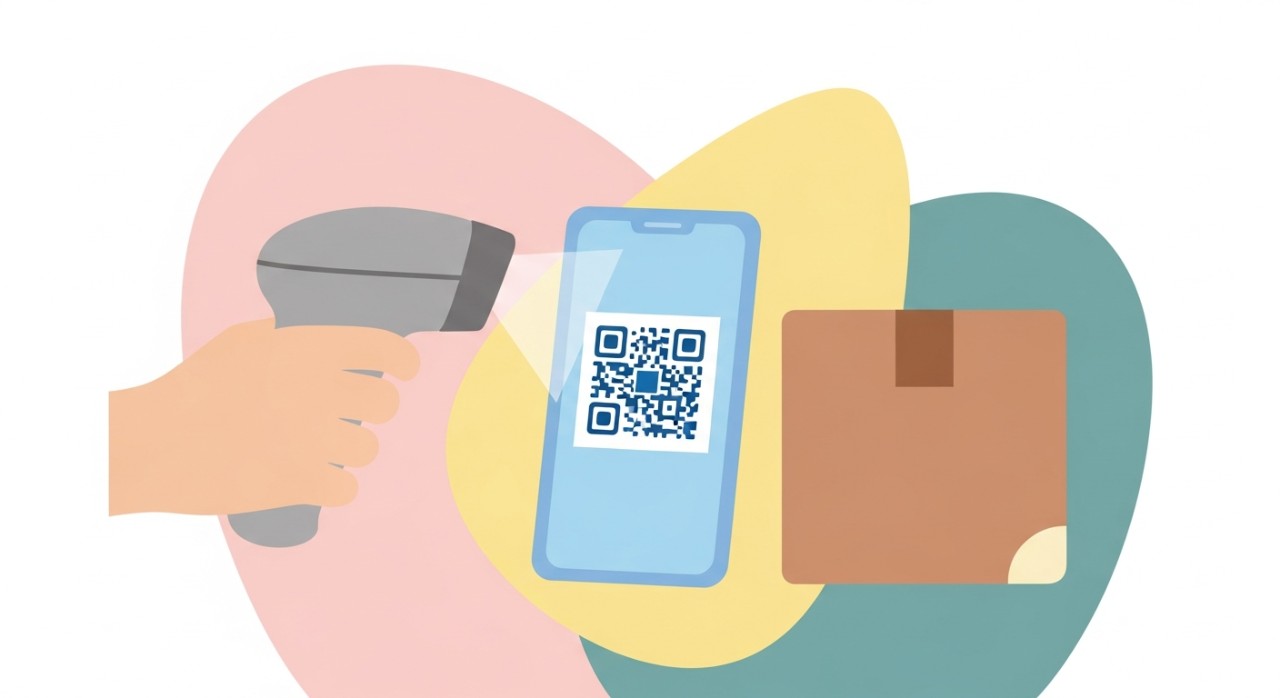 Staf perkhidmatan kurier sedang mengimbas kod QR pada telefon pintar pelanggan sebagai ganti label penghantaran.